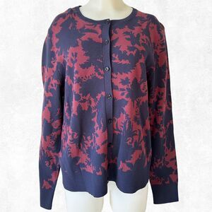 Ann Taylor Cardigan Sweater Women's XL Black/Rust Print Round Neck